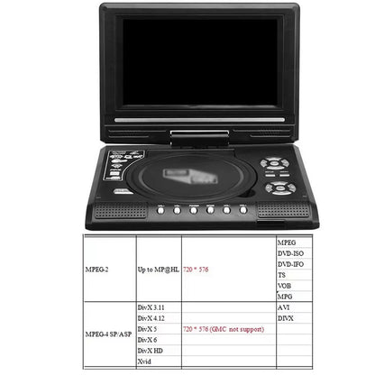 7.8Inch 16:9 Widescreen DVD Player 270° Rotatable LCD Screen Home Car TV DVD Player Portable VCD MP3 Viewer with Game Function